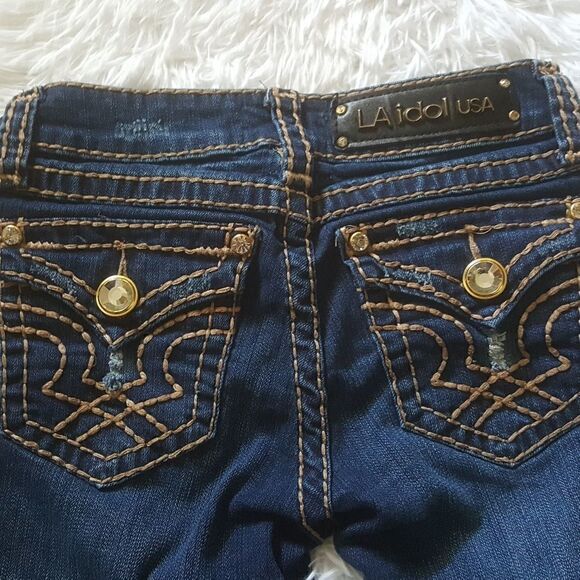 LA Idol embellished Jeweled distressed Stretchy Dark Wash Jeans Women’s Size 1 - Picture 5 of 15
